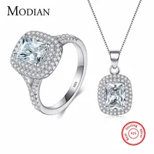 Modian, модное, настоящее, 925 пробы, серебряное, прозрачное кольцо, наборы, ювелирное изделие, ожерелье, свадьба, кристалл, подвеска, цепь для женщин