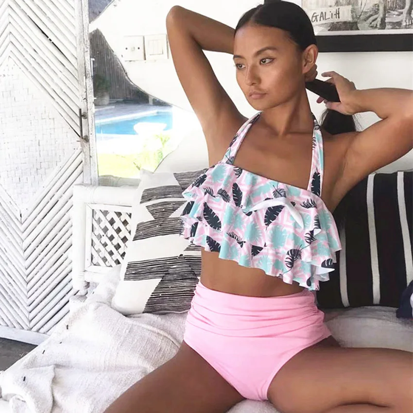 

High Waist Bikini 2019 Push Up Ruffle Bikini Set Floral Biquini Large Size Swimsuit Female Print Swimwear Women Halter Swim Suit
