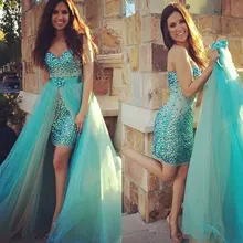 Сексуальное Милое бирюзовое короткое платье для выпускного вечера со съемным шлейфом, украшенное кристаллами и бусинами, вечерние платья 2 в 1