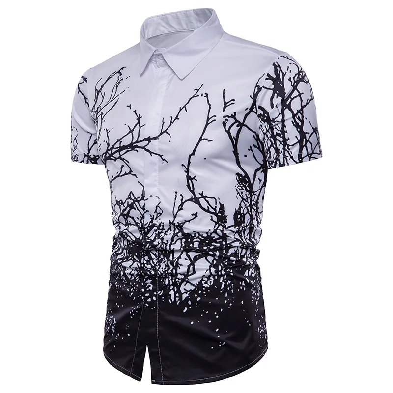 الأزياء 3D شجرة الفروع قمصان مطبوعة الرجال 2018 الصيف جديد قصير كم فستان كاجوال قميص الرجال صالح سليم Camisa الغمد الاجتماعي