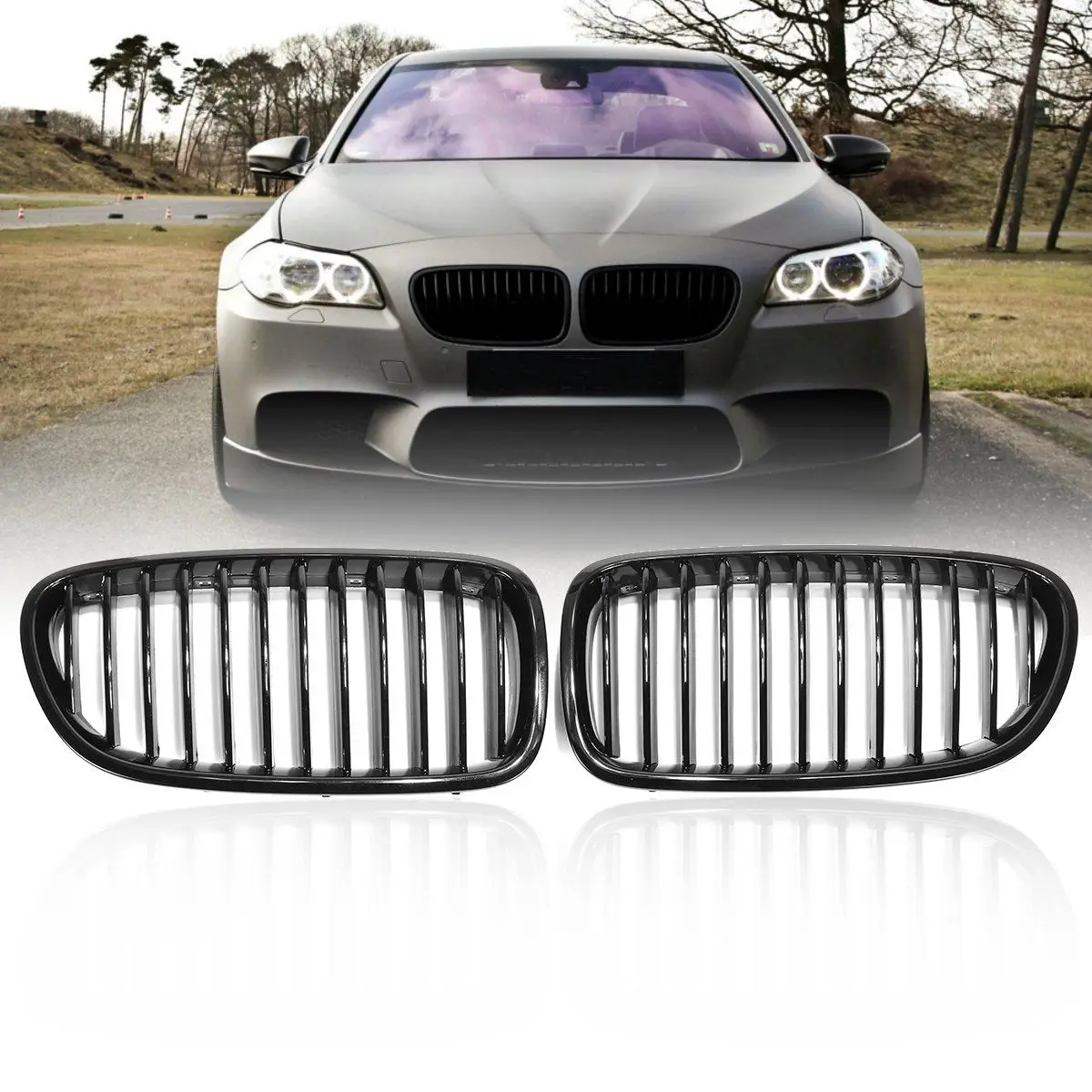 

Pair Gloss Matt Carbon Chrome Black M Color 1/2 Line Double Slat Front Kidney Grill Grille For BMW F18 F10 F11 5 Series 2010-14