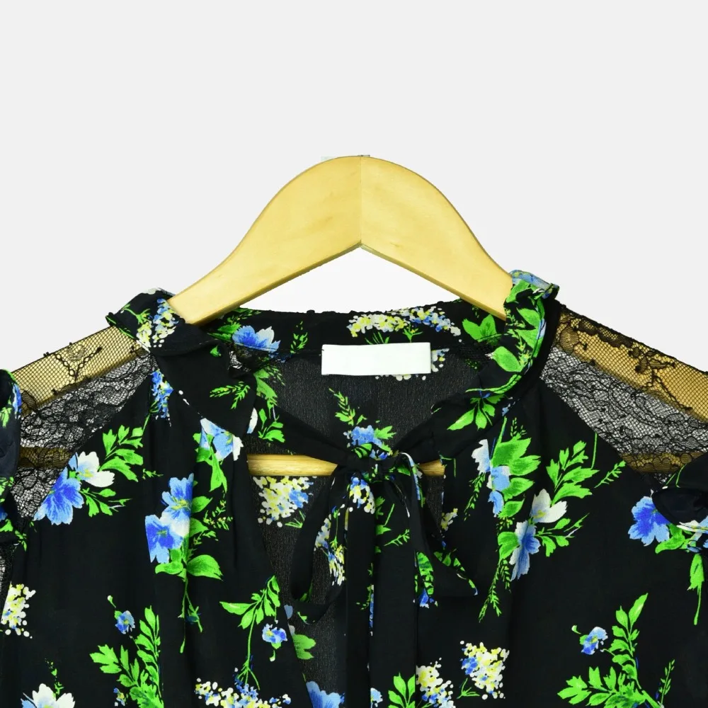 Новая осенняя и зимняя модная винтажная стильная пышная шелковая кружевная женская элегантная блузка с длинным рукавом и цветочным принтом