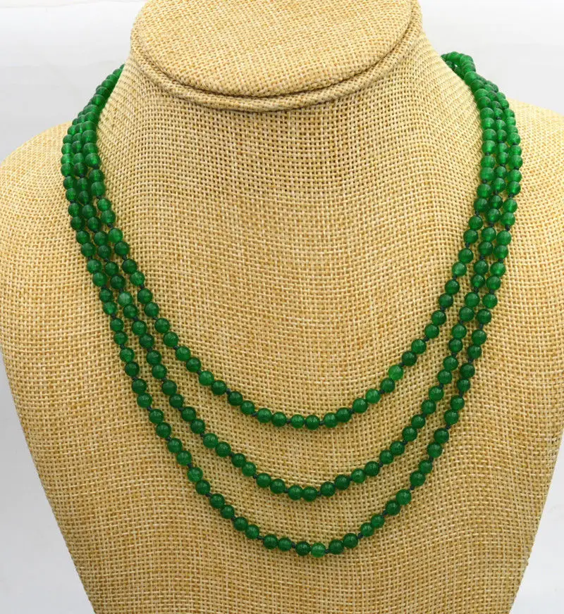 

NEW Fashion jewelry 3 rows 4mm green Emerald bead necklace 17-19 "AAAA++