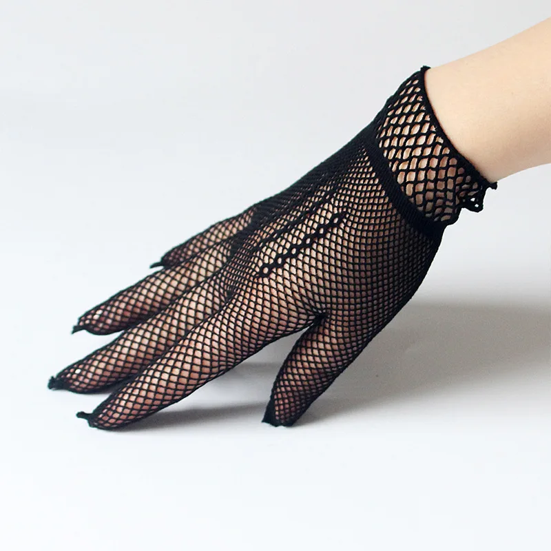1 пара, сексуальные ажурные перчатки для девушек, летние, черные, белые, красные, полный палец, перчатки в стиле панк, готика, Дамский танцевальный костюм в стиле диско, сетчатые перчатки - Цвет: Черный