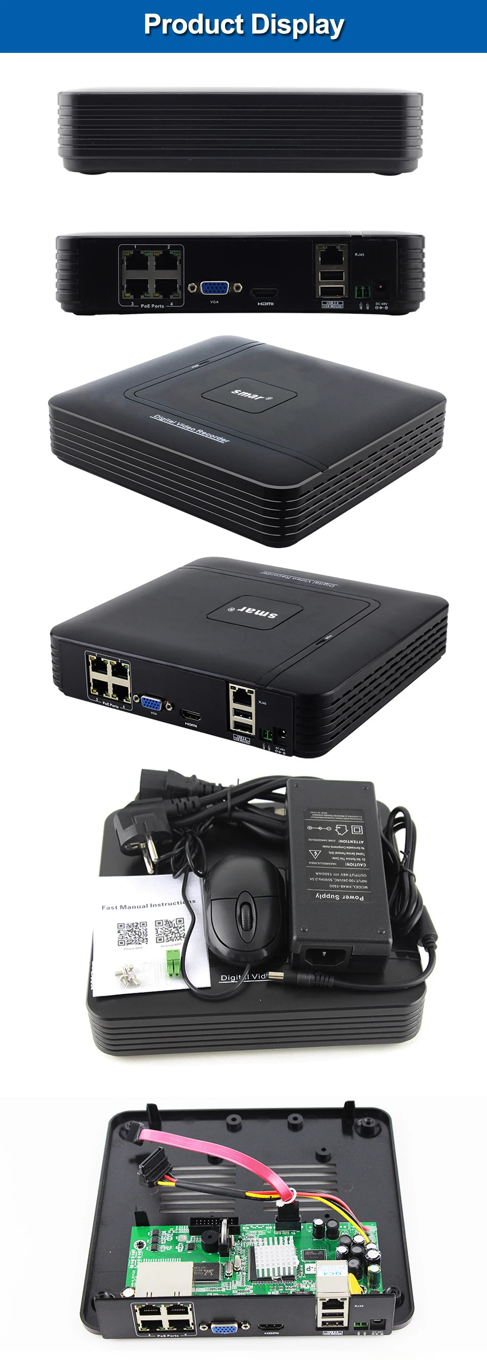 1-3-Smar 48V POE NVR 4 Channel Mini NVR Full HD Standalone Hi3515C 19201080P ONVIF For 48V POE IP Camera Security System XMEYE APP