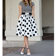 Стиль женские Модные стрейч плотная Высокая талия Конькобежец Flared плиссированные юбки дамы в горошек до колена Длина Юбки для женщин