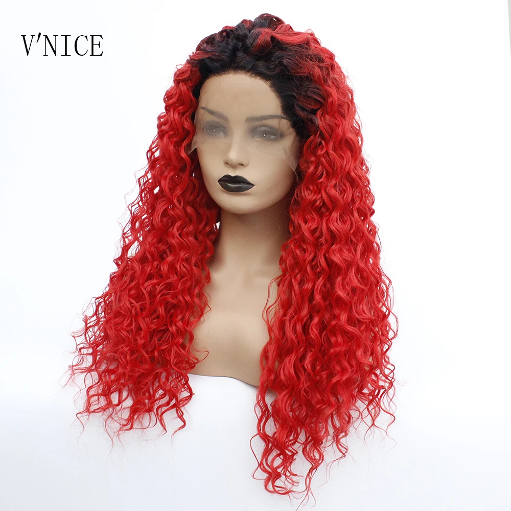 V'NICE Свободные Вьющиеся Ombre красные парики синтетический синтетические волосы на кружеве парик жаропрочных волокно волна воды парик для