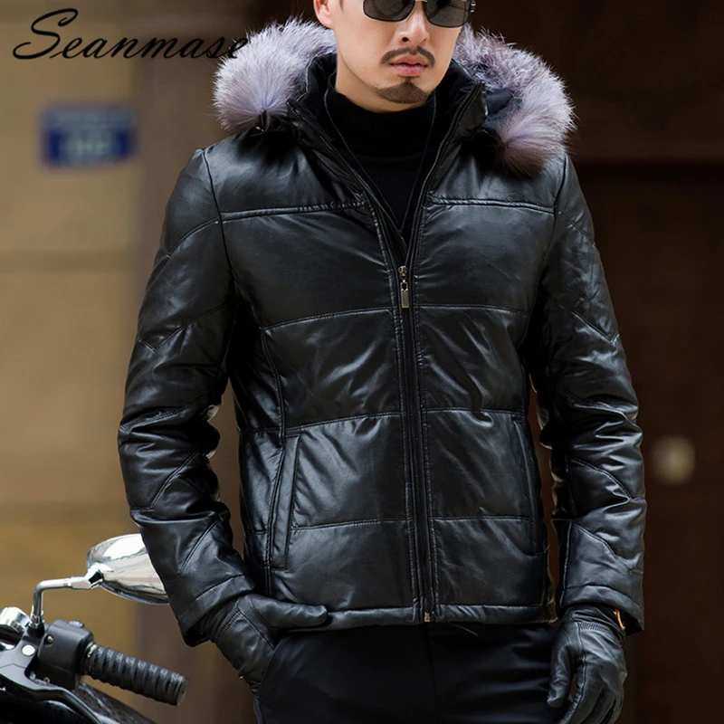 

Men's White Duck Down Jacket With Real Fox Fur Hood PU Leather Warm Trench Coat Hooded Plus Sizze Parka Mens Coats ZZ122