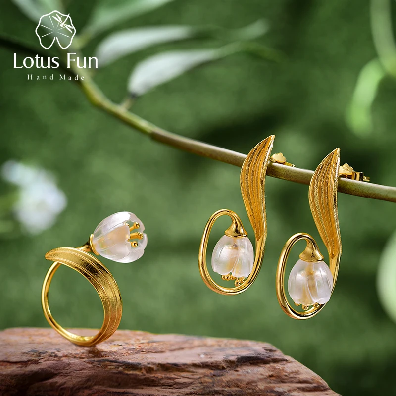 Lotus Fun реальные 925 пробы серебро Природный кристалл ручной работы Fine Jewelry ландыш цветок комплект ювелирных