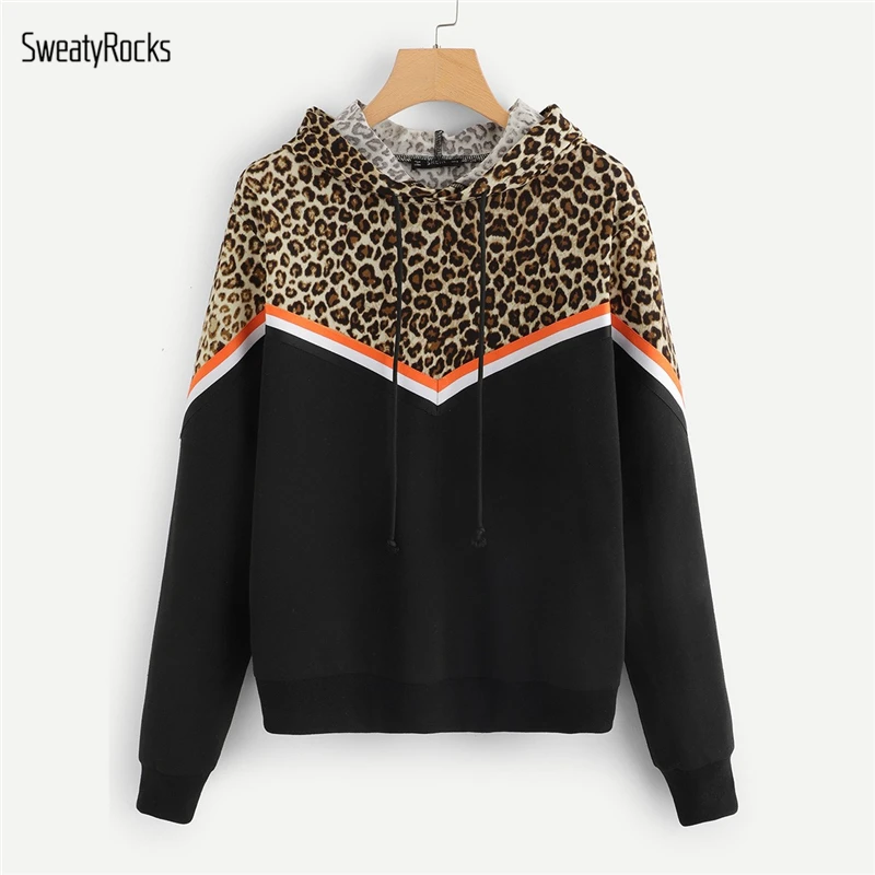  SweatyRocks Sporting Leopard Contrast Striped Long Sleeve Hoodie Casual Hooded Pullover Sweatshirts