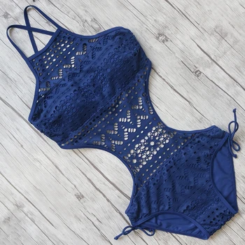 

One Pieces Swimsuit Women 2018 Padded Swimwear Halter Bandage Monokini Female Black Swimming Bathing Suit Sexy Lace Beach Wear