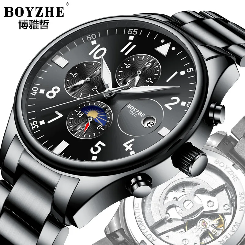 

mens watches mechanical Automatic luxury brand boyzhe man watches black blue 316L stainless steel waterproof Moon Phase calendar