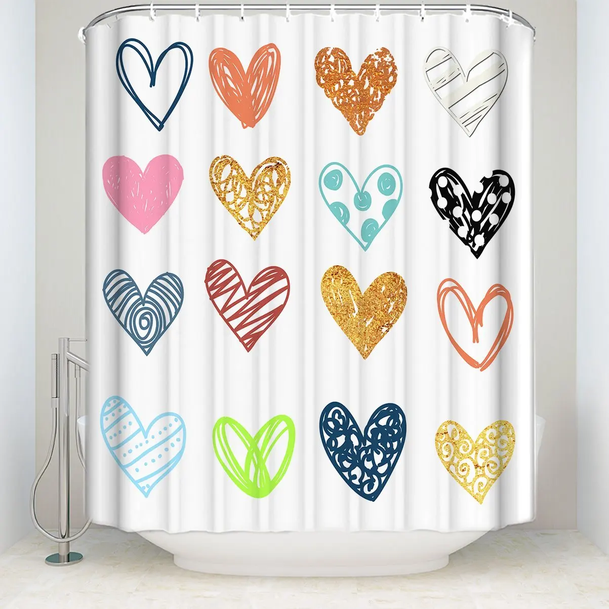 Shower Curtain Fabric Floral Heart Design 100 Polyester Curtain for Bathroom Waterproof & Anti