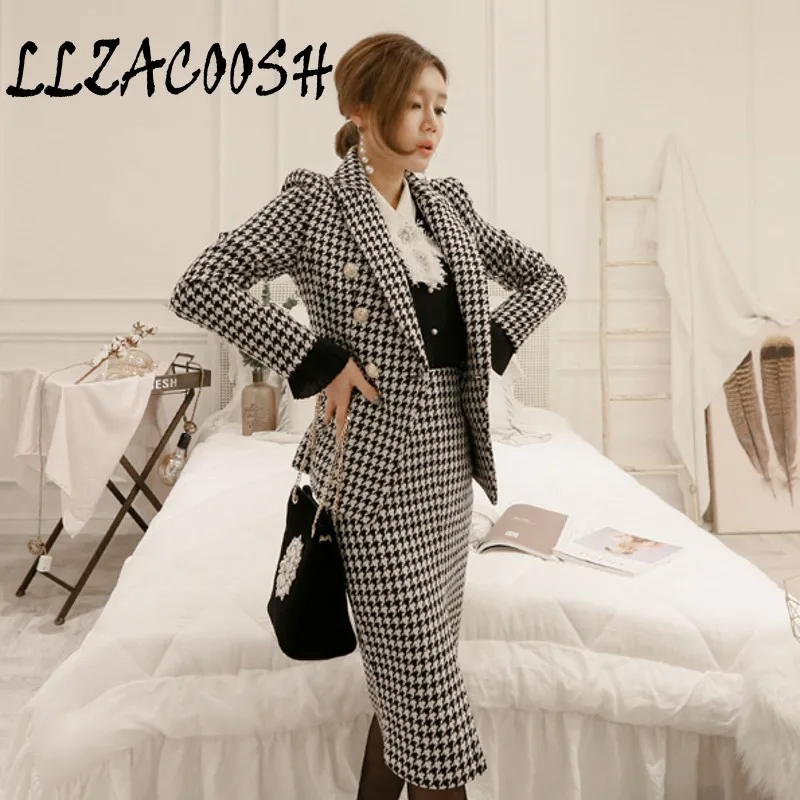 2018 Fall Winter Women Suits Fashion Black White Tweed Plaid Turn Down Collar Blazer Coat + Split Pencil Skirt 2 Piece Set