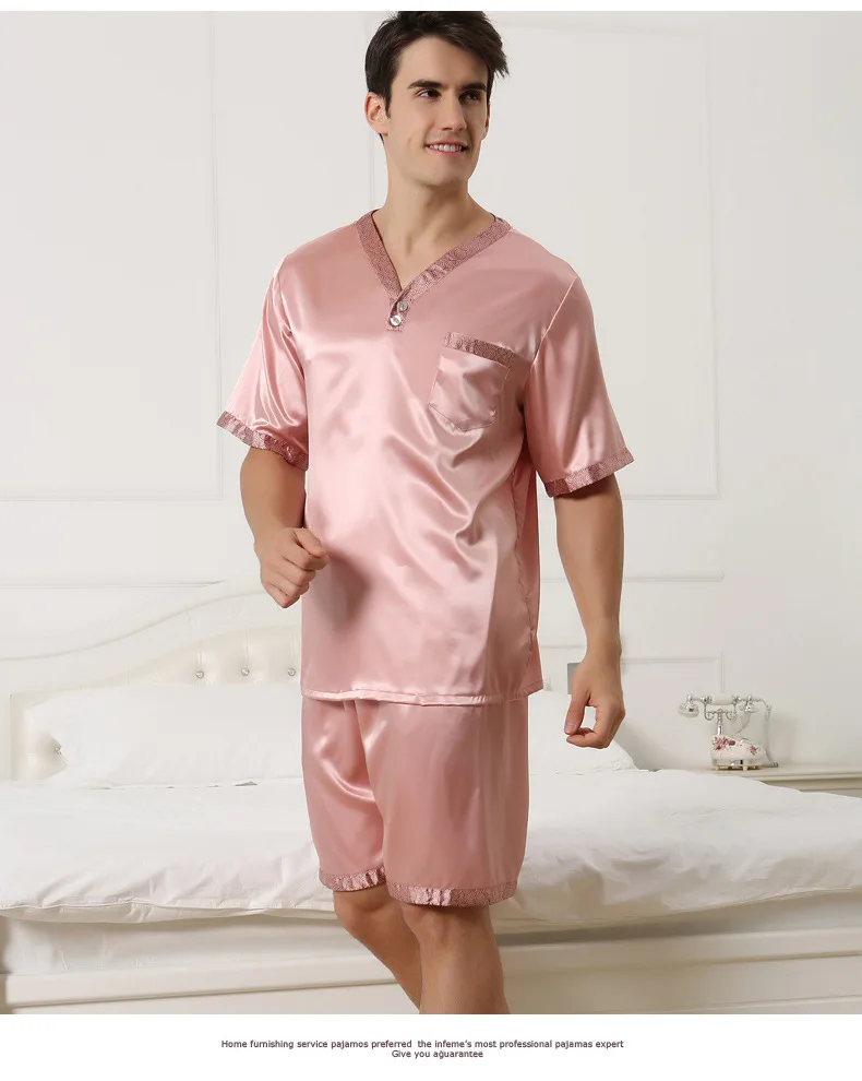 Летние для мужчин шелковые пижамы с короткими рукавами v образным вырезом twinset шорты для женщин тонкий плюс размеры S XXXL XXXXL