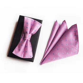 

2 Pcs Fashion Polka Dots Bowtie Set Pink with Blue Spots Butterfly Handkerchief Sets for Wedding