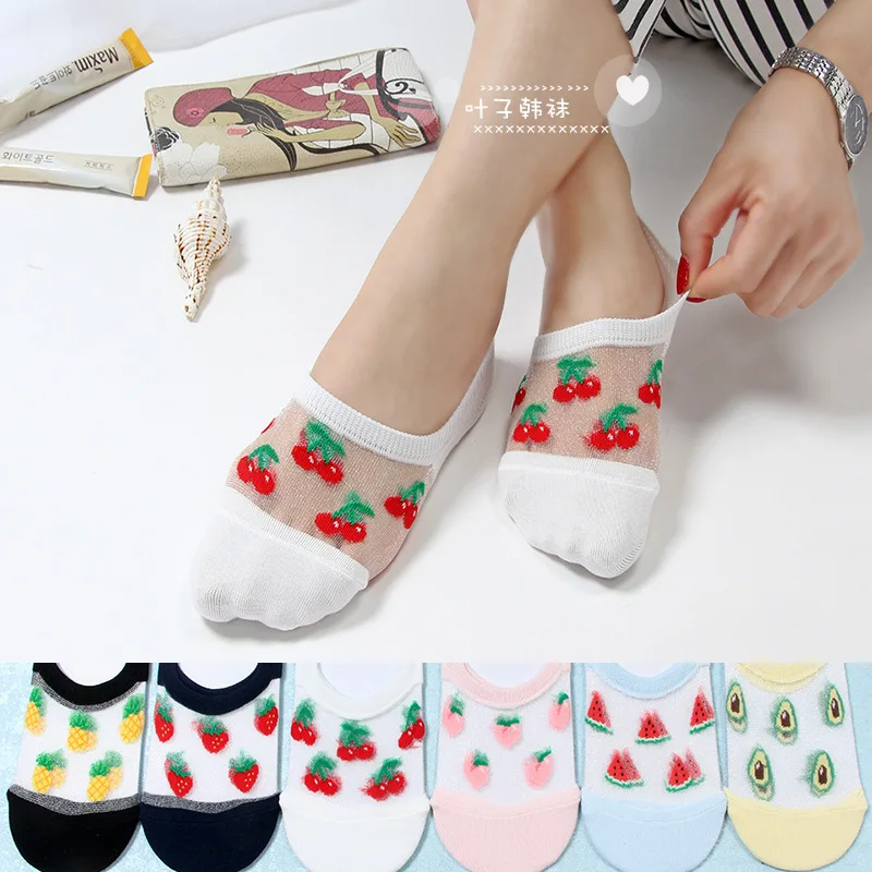 

Cartoon fruit print sock pineapple strawberry cherry peach avocado watermelon spring summer invisible non slip women cotton sock