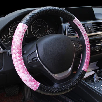 

Car Braid Steering Wheel Cover Leather Weaving Auto Steering Covers Two Color Black Pink Steering Wheel Hub Cases For BMW Ford