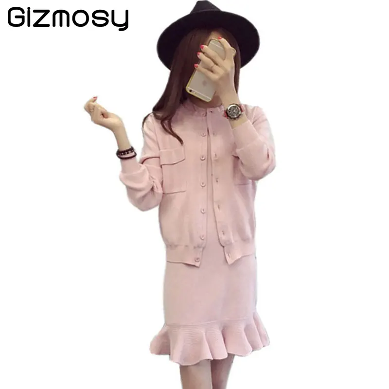

Gizmosy 2 Piece Set Women 2017 Clothing Two Pieces Set Crop Top And Skirt Set Fishtail Dress Knit Jackets&Outwears SY1015