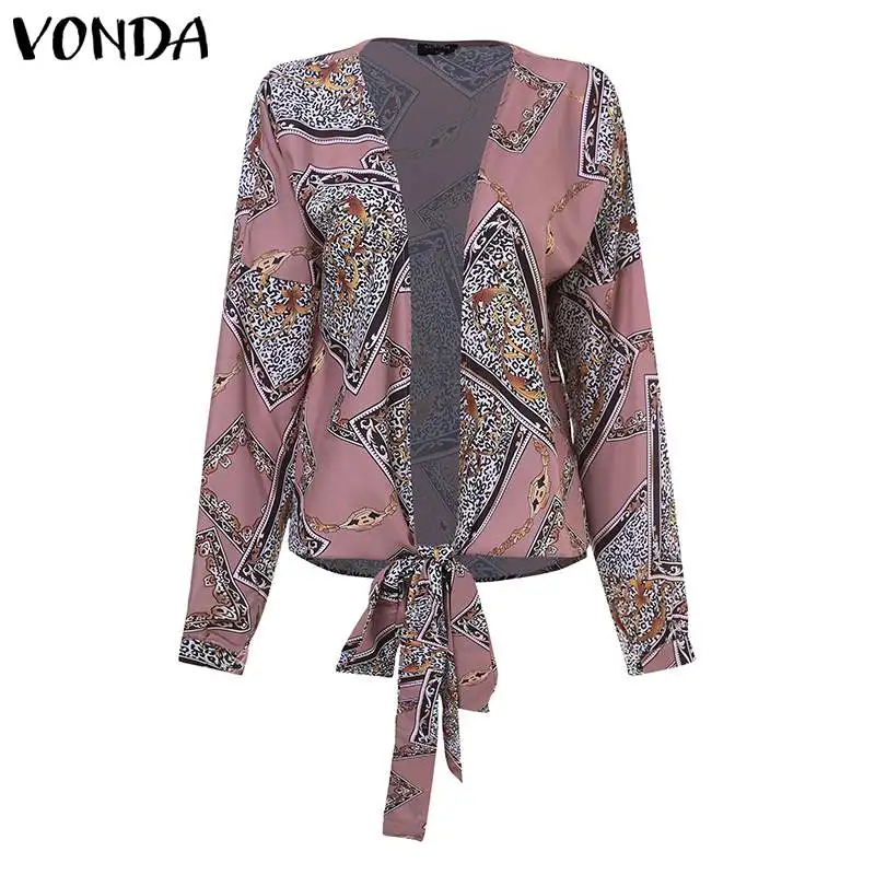 VONDA, женская блузка с принтом, вечерние рубашки,, винтажные топы с v-образным вырезом и длинным рукавом, на шнуровке, блузка, женская рубашка, Blusas Mujer размера плюс