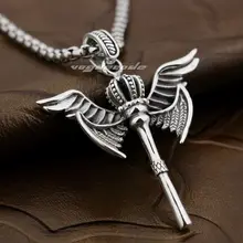 925 Sterling Silver Angel Wing Scepter Crown Mens Biker Pendant 8X022(Necklace 24inch)
