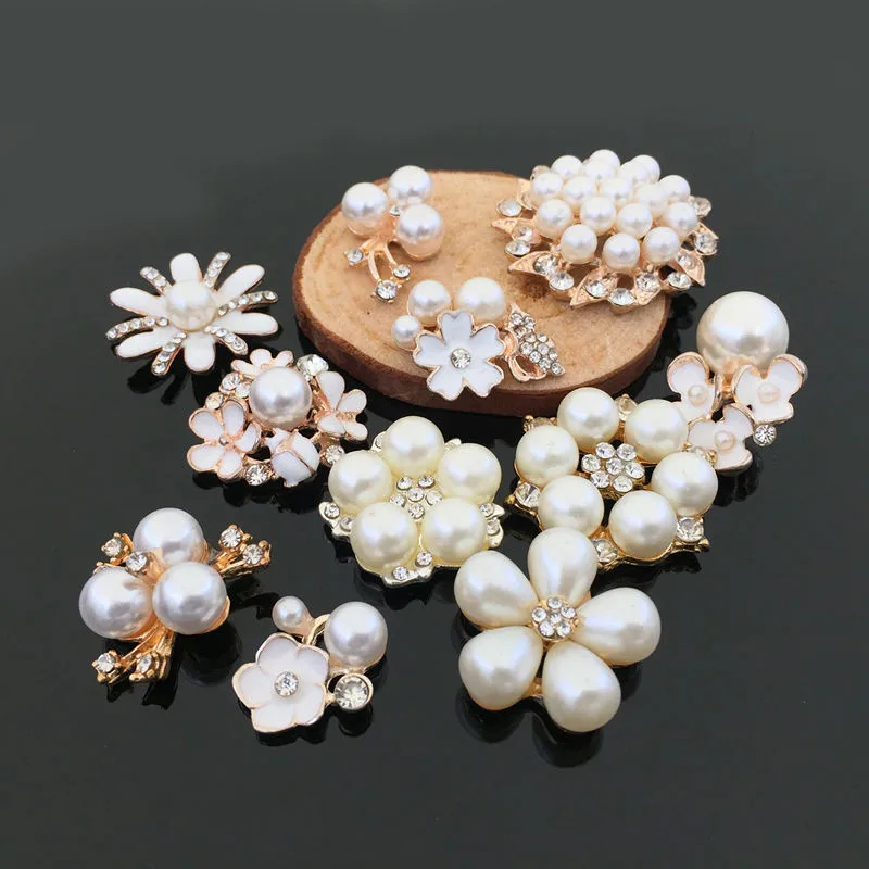 

10Pcs/lot Pearl and Crystal Metal Hair Jewelry Findings Components DIY Making Earrings necklace Flower Pendant Parts&Accessories