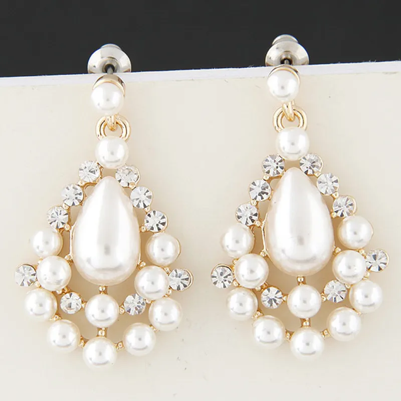 Kymyad Imitation Pearl Jewelry Stud Earrings For Women Bijoux Clear Crystal Earrings Gold Color