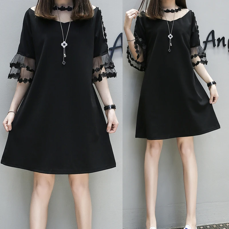 

5xl plus big size women clothing 2018 spring summer style korean loose new mesh stitch cute sweet black party dress female Q0002
