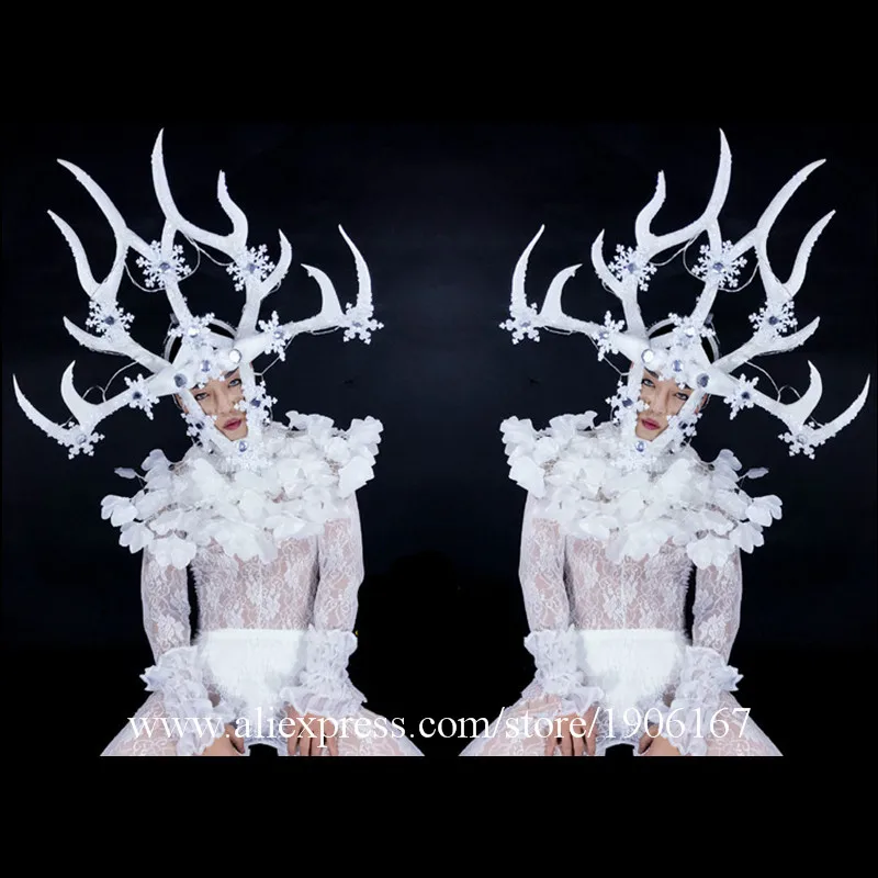 Nightclubs GOGO Men DS White Christmas LED lights Antlers Head Performance Dance Team White Party Costumes05