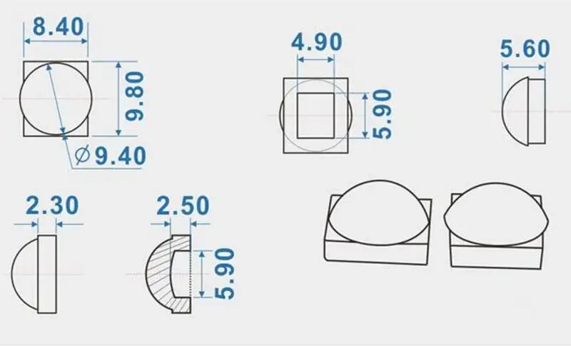 HQZL-9.8 5050 светодиодный объектив, размер: 9,8X8,4X5,6 мм, угол: 60 градусов, подходит для: 5050 источник света, для шлифования поверхности, pmma-материалы