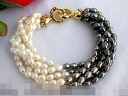 

0492 6ROW 8" rice white black FW pearl bracelet