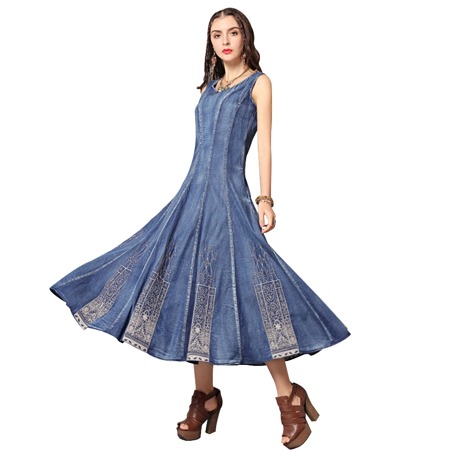 Women summer dress 2019 new vintage embroidery maxi dress o-neck sleeveless denim dress comfortable dresses woman party night Women summer dress 2019 new vintage embroidery maxi dress o-neck sleeveless denim dress comfortable dresses woman party night