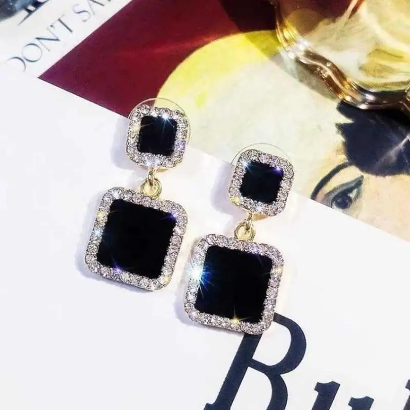 

2019 Korean Women Earrings Black Square Fashion Statement Geometric Earrings For Women Crystal Luxury Wedding Jewelry Earring
