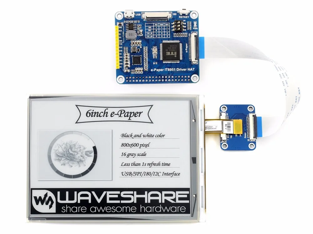 6 дюймовая электронная бумага для Raspberry Pi 800x600 контроллер IT8951 интерфейс USB/SPI/I80/I2C