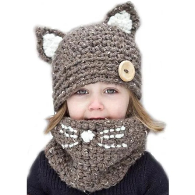 Hand Made Girls Child Baby Grey Fox Ear Hat Winter Warm Woolly Scarf Cute Neck