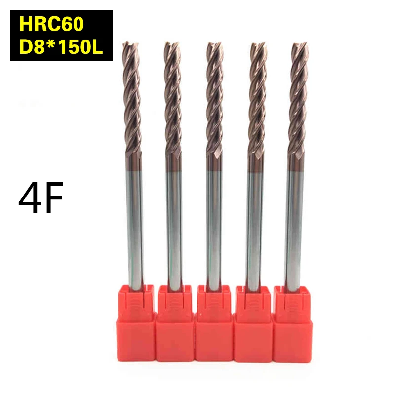 

5Pcs 4F-D8*150L hrc60 carbide lathe cutting tool cnc tungsten Flatted End Mill 4 Flute Cutting diameter 8mm Milling Cutter