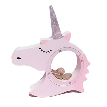 

1PC New Unicorn Money Boxes Transparent Wooden Piggy Bank coin box Kids Gift Children 's Room Decoration MA 001