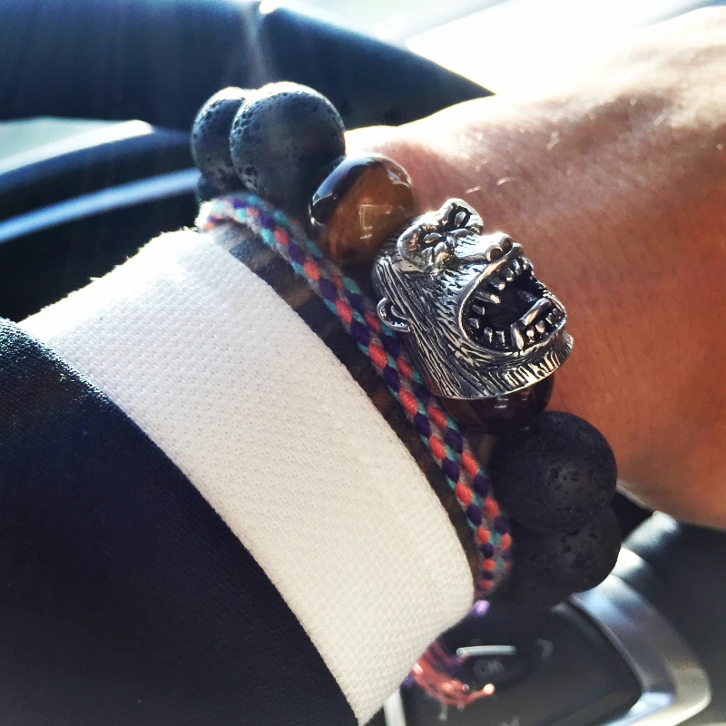 Beste Mcllroy Bead armband Mannen zwarte vulkanische steen amp; dier accessoires Armbanden Orangutan gezicht ontwerp natuursteen kralen pulseirs
