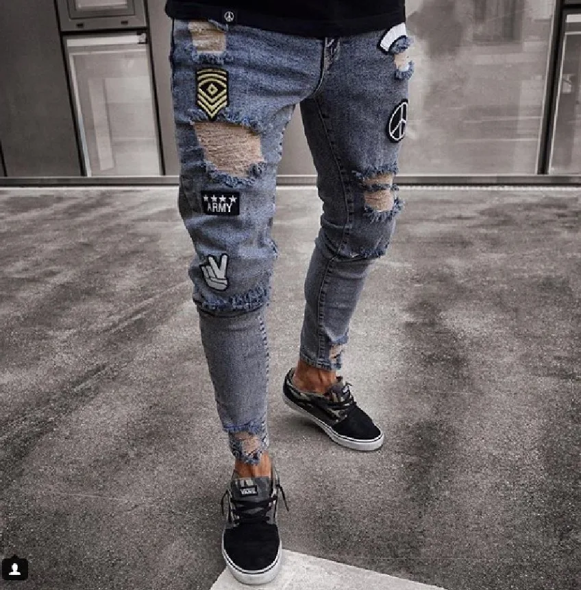

2018 Men Stylish Ripped Jeans Pants Biker Skinny Slim Straight Frayed Denim Trousers New Fashion skinny jeans men Clothes