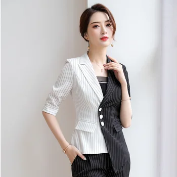 

Half Sleeve 2019 Spring Summer Formal Blazers and Jackets Coat For Women Female Tops Outwear Business Work Wear Clothes Striped