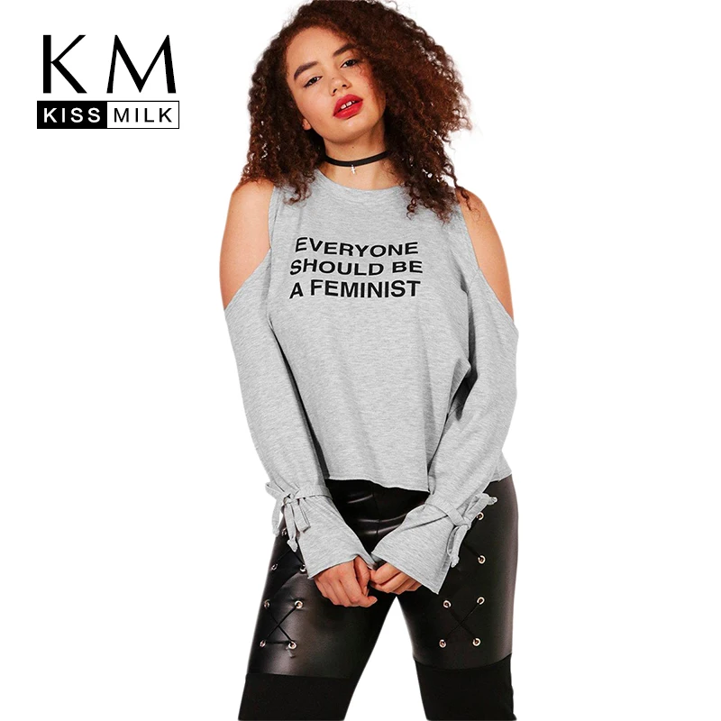 Kissmilk Women Plus Size Cold Shoulder Letter Print Hoodies Long Bandage Sleeve Basic Tops Large Size Solid Casual Hoodie