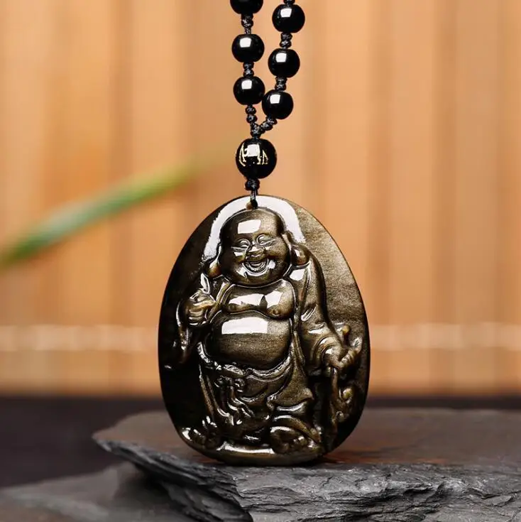 

Koraba Fine Jewelry Chinese Natural Gold Obsidian Hand-Carved Blessing Maitreya Buddha Pendant Free Shipping