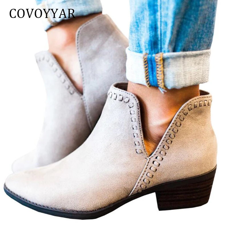 COVOYYAR/Винтажные ботильоны, новинка, женские ботинки с v-образным вырезом и острым носком, женская обувь на квадратном каблуке без застежки, большие размеры, WBS836
