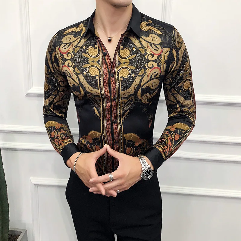 Luxury black gold shirt male new slim long sleeve petticoat fashion men's social club formal shirt evening dress