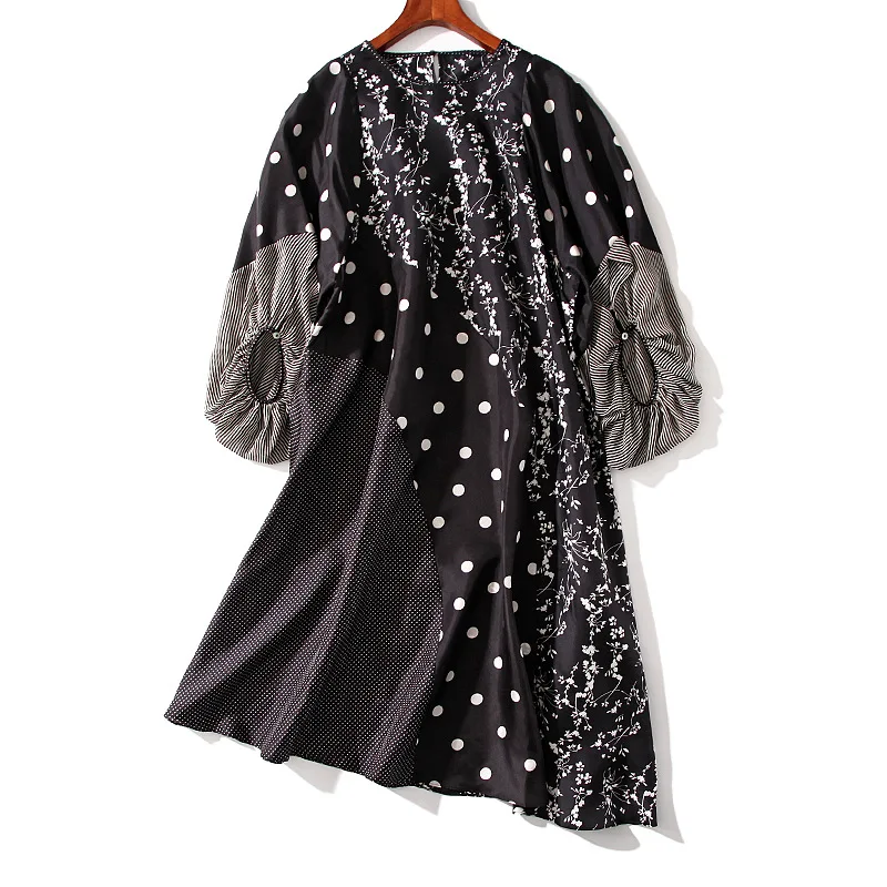 Шелковое платье женское Повседневное платье свободного кроя с круглым вырезом и рукавами-фонариками Новая мода стиль