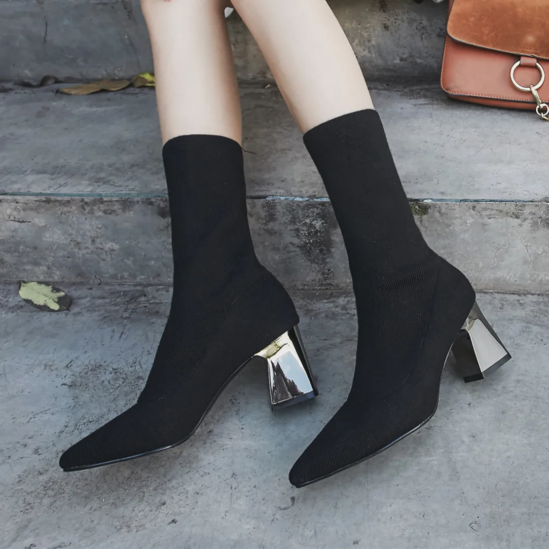 

Women's Stretch knitting slip-on high heel ankle boots pointed toe elegant ladies black slim short booties autumn dress shoes