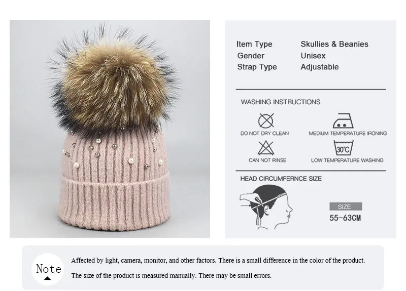 New Wool Beanies Women Real Natural Fur Pom Poms Fashion Pearl Knitted Hat Girls Female Beanie Cap Pompom Winter Hats for Women