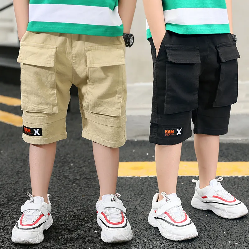 Детские летние спортивные шорты с карманом, детские короткие брюки с карманами, пляжные шорты для мальчиков, цвета: черный, хаки, имбирь