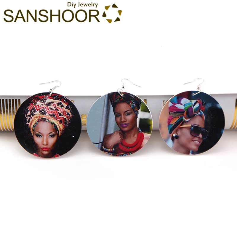 

SANSHOOR Printed Fahsion AFRO Black Woman Wood Drop Earrings African Lady's Headwrap Ethnic Jewelry As Christmas Gift 6Pairs/lot