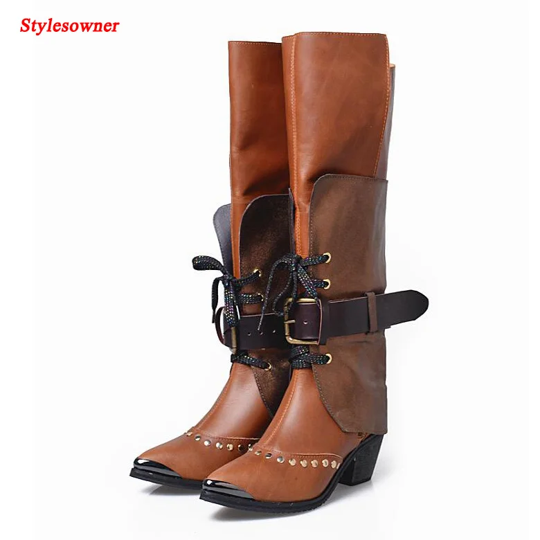 

stylesowner Pointed Toe Chunky Heel Lady Boots Cross-tied Zapatos Mujer Patchwork Buckle Warm Winter Knee-High Boot Shoes Female